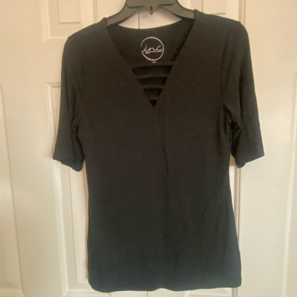 INC International Concepts Black V-Neck Short Sleeve Top - Picture 1 of 5